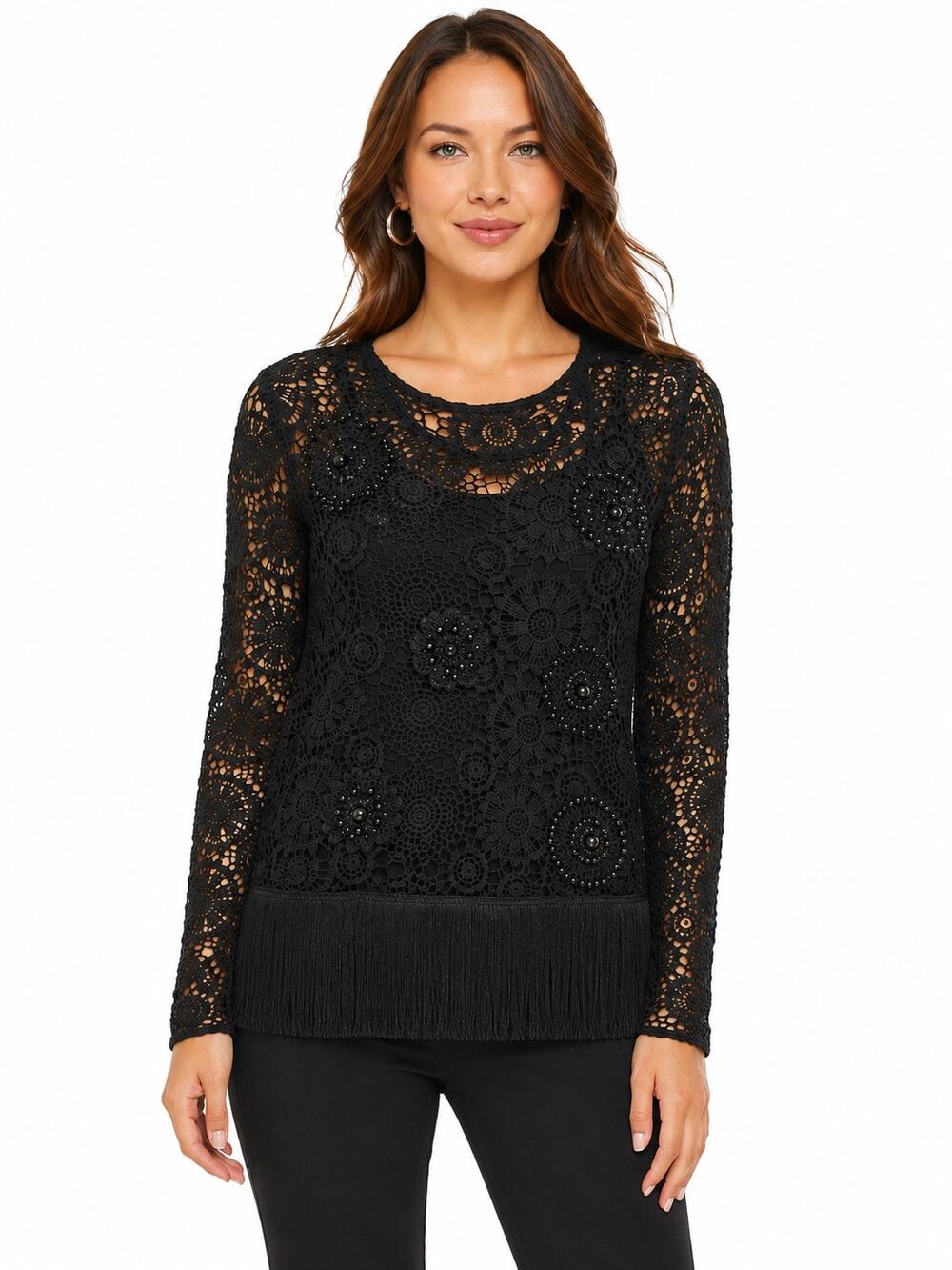 1990s Boston Proper Black Crochet Lace Fringe Beaded Long Sleeve Top Large